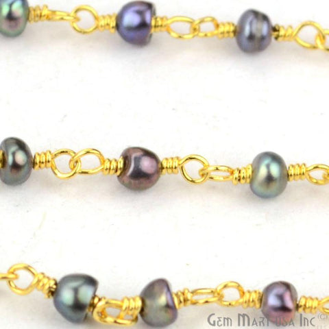 Black Pearl Gold Plated Wire Wrapped Beads Rosary Chain (763640643631)