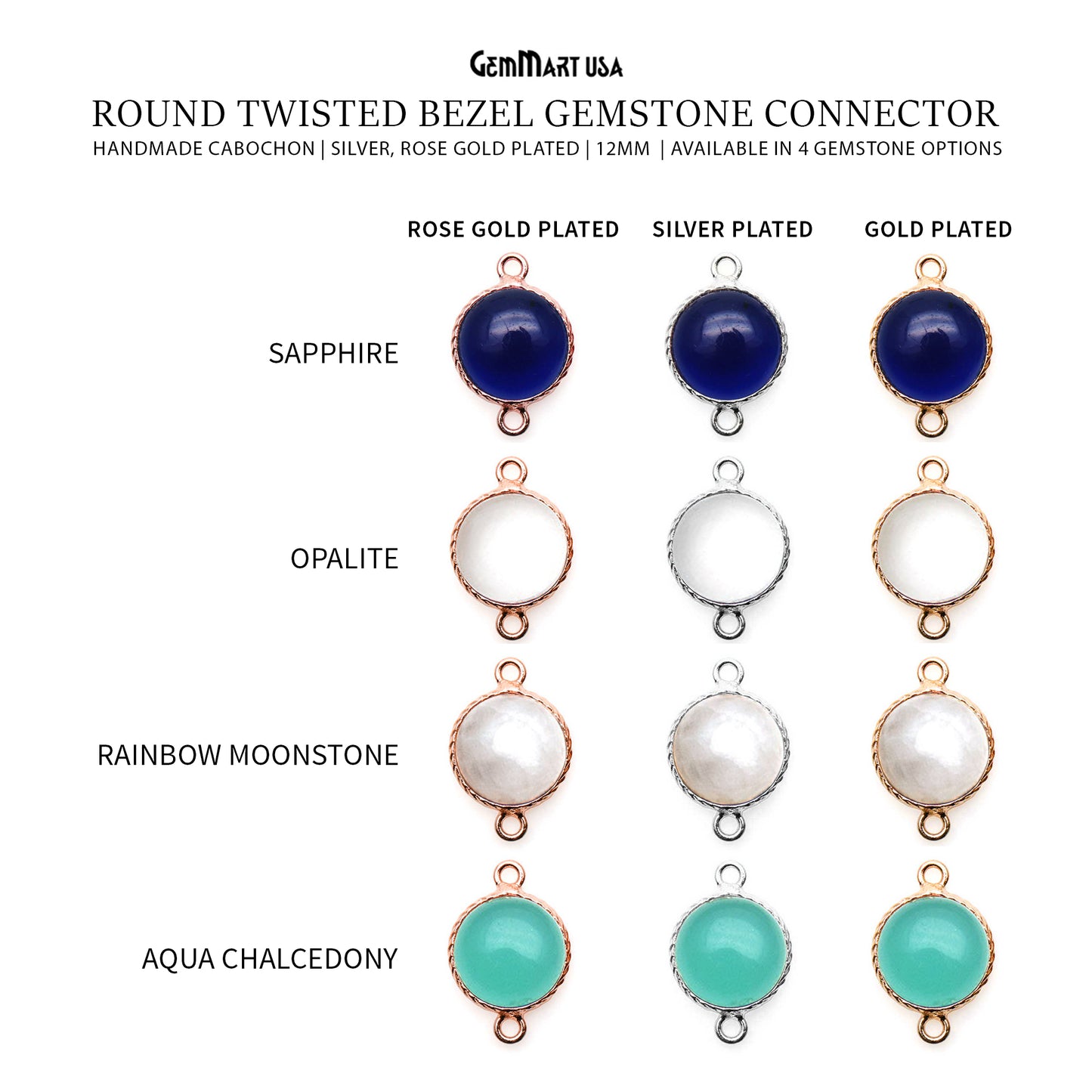 Cabochon 12mm Round Twisted Bezel Double Bail Gemstone Connector