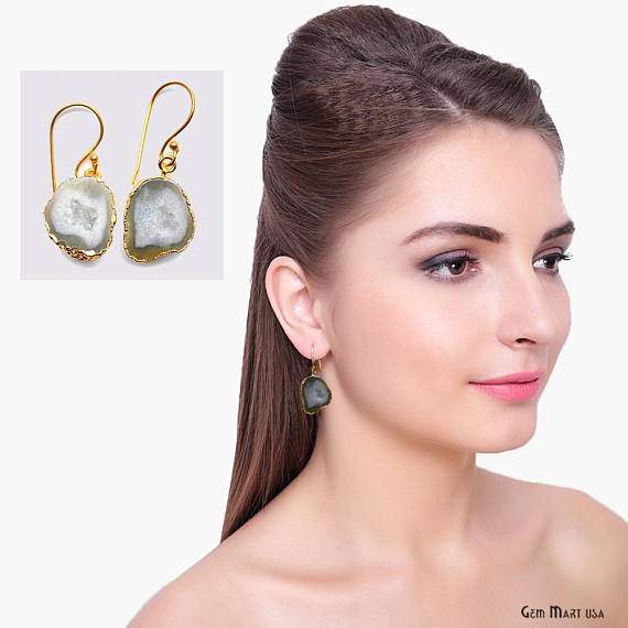 Geode Druzy Dangle Earrings, 22k Gold Electroplated Hook Earrings (DPER-90281) - GemMartUSA (754810224687)