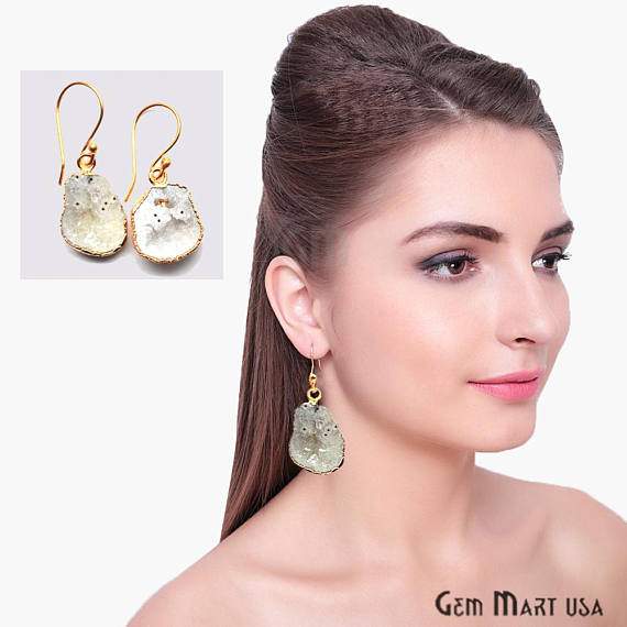 Geode Druzy Dangle Earrings, 22k Gold Electroplated Hook Earrings (DPER-90285) - GemMartUSA (754808356911)