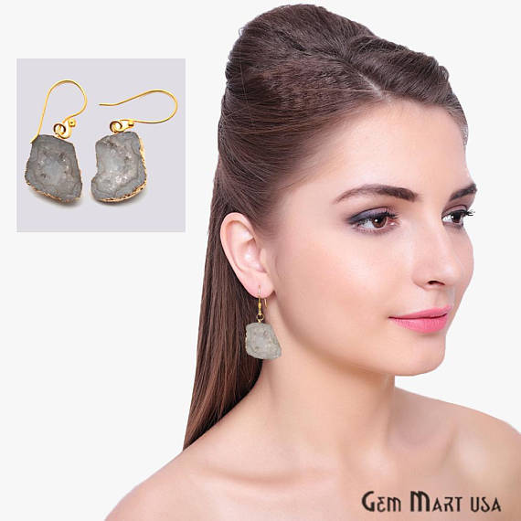 Geode Druzy Dangle Earrings, 22k Gold Electroplated Hook Earrings (DPER-90305) - GemMartUSA (754716770351)