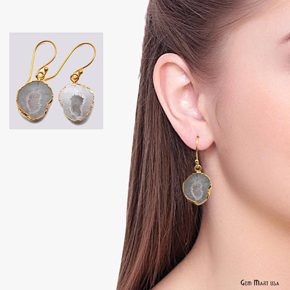 Geode Druzy Dangle Earrings, 22k Gold Electroplated Hook Earrings (DPER-90318) - GemMartUSA (754724569135)