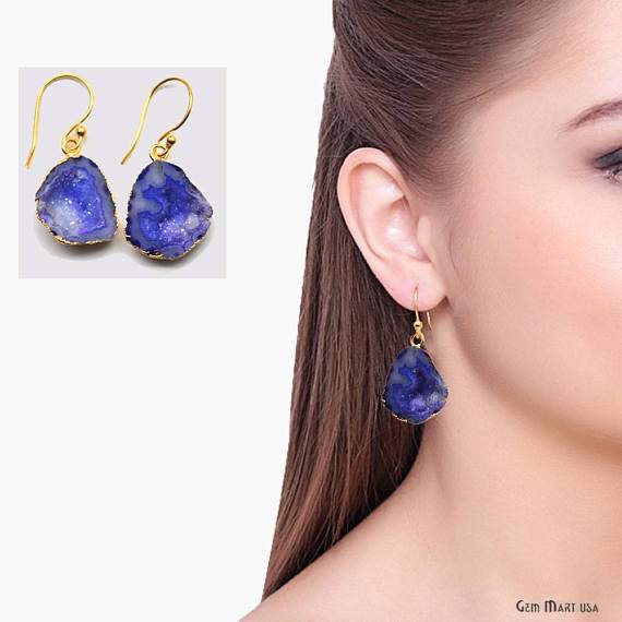 Geode Druzy Dangle Earrings, 22k Gold Electroplated Hook Earrings (DPER-90401) - GemMartUSA (754785091631)