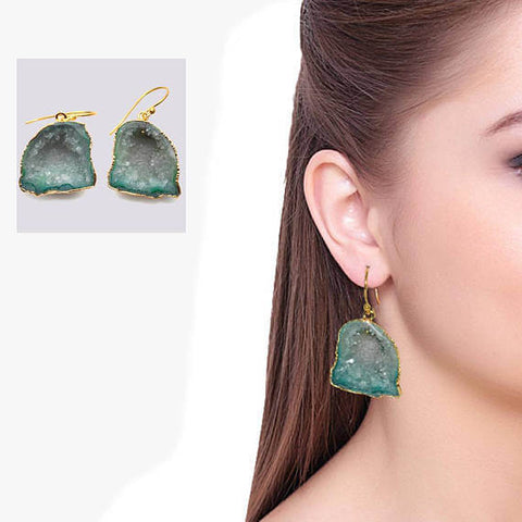 Green Geode Druzy Organic Shape 26x23mm Gold Electroplated Gemstone Dangle Hook Earring - GemMartUSA