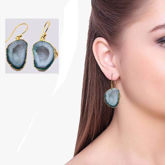 Green Geode Druzy Organic Shape 28x20mm Gold Electroplated Gemstone Dangle Hook Earring - GemMartUSA