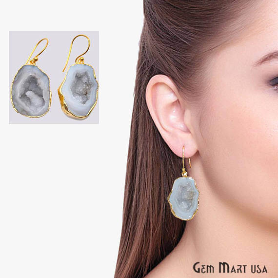 White Geode Druzy Organic Shape 22x31mm Gold Electroplated Gemstone Dangle Hook Earring - GemMartUSA