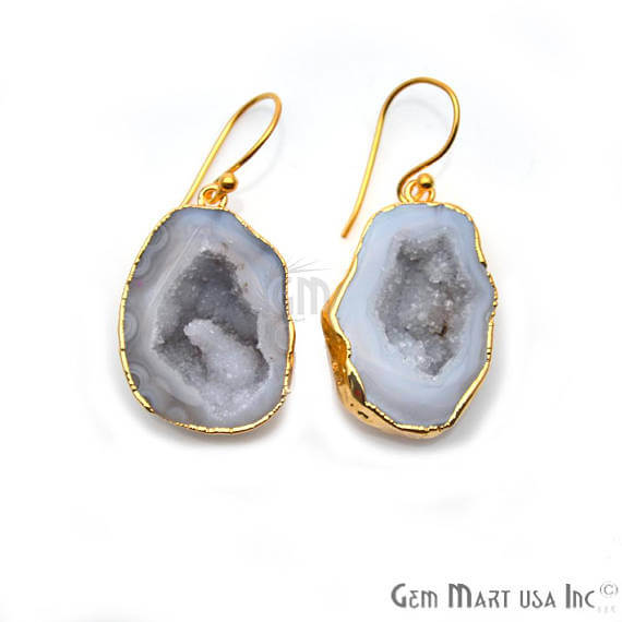 White Geode Druzy Organic Shape 22x31mm Gold Electroplated Gemstone Dangle Hook Earring - GemMartUSA
