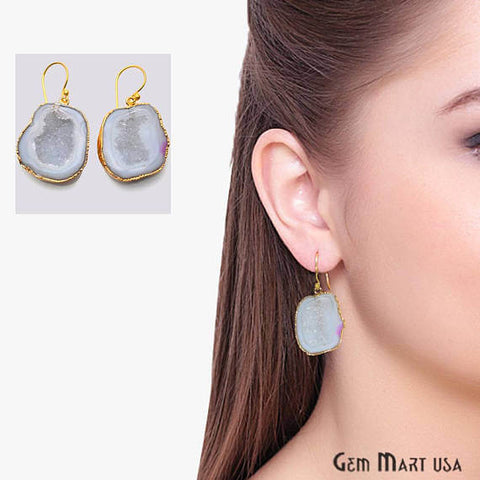 White Geode Druzy Organic Shape 31x25mm Gold Electroplated Gemstone Dangle Hook Earring - GemMartUSA