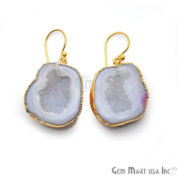 White Geode Druzy Organic Shape 31x25mm Gold Electroplated Gemstone Dangle Hook Earring - GemMartUSA