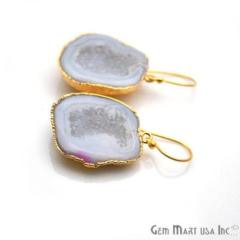 White Geode Druzy Organic Shape 31x25mm Gold Electroplated Gemstone Dangle Hook Earring - GemMartUSA