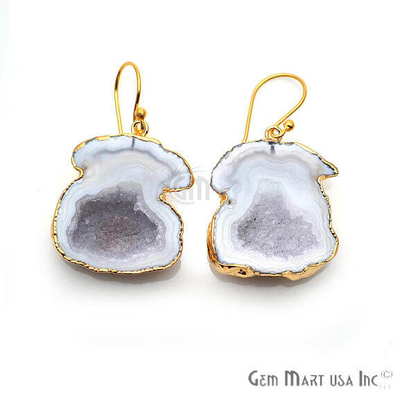 White Geode Druzy Organic Shape 25x31mm Gold Electroplated Gemstone Dangle Hook Earring - GemMartUSA