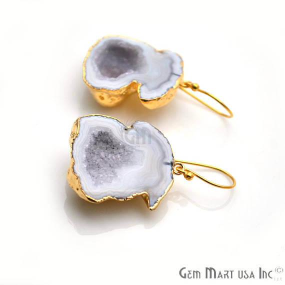White Geode Druzy Organic Shape 25x31mm Gold Electroplated Gemstone Dangle Hook Earring - GemMartUSA
