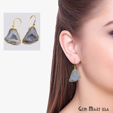 Grey Geode Druzy Organic Shape 27x22mm Gold Electroplated Gemstone Dangle Hook Earring - GemMartUSA