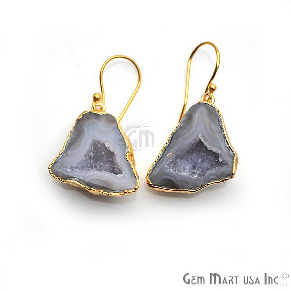 Grey Geode Druzy Organic Shape 27x22mm Gold Electroplated Gemstone Dangle Hook Earring - GemMartUSA