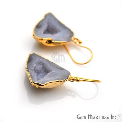 Grey Geode Druzy Organic Shape 27x22mm Gold Electroplated Gemstone Dangle Hook Earring - GemMartUSA