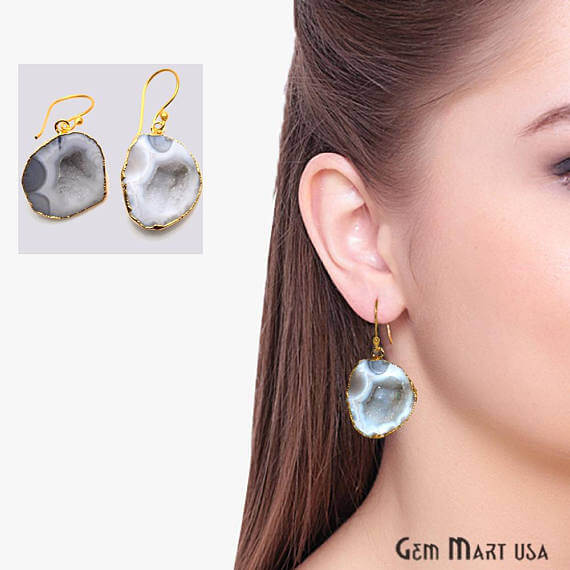 Grey Geode Druzy Organic Shape 25x22mm Gold Electroplated Gemstone Dangle Hook Earring - GemMartUSA