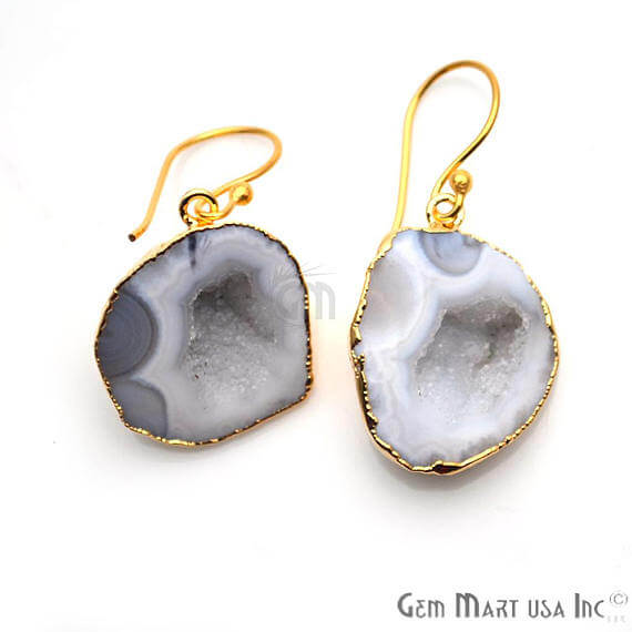 Grey Geode Druzy Organic Shape 25x22mm Gold Electroplated Gemstone Dangle Hook Earring - GemMartUSA