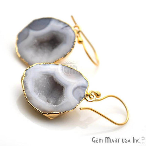 Grey Geode Druzy Organic Shape 25x22mm Gold Electroplated Gemstone Dangle Hook Earring - GemMartUSA
