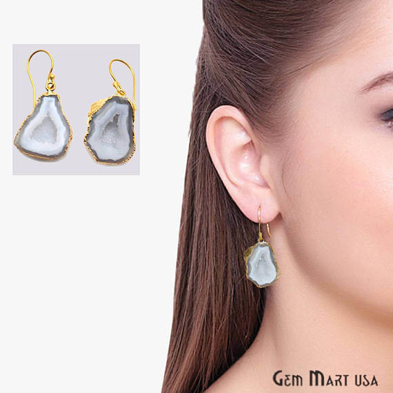 White Geode Druzy Organic Shape 28x19mm Gold Electroplated Gemstone Dangle Hook Earring - GemMartUSA