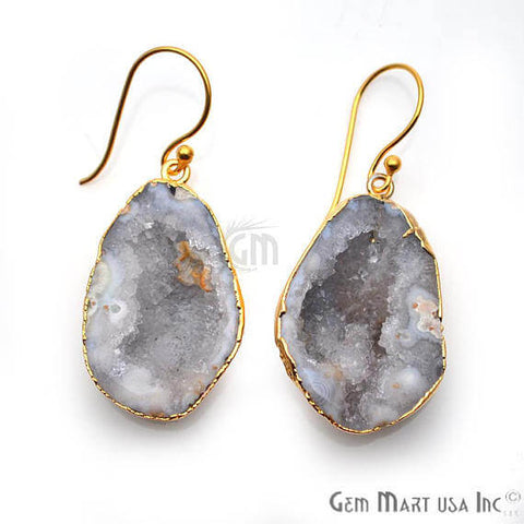 White Geode Druzy Organic Shape 29x20mm Gold Electroplated Gemstone Dangle Hook Earring - GemMartUSA