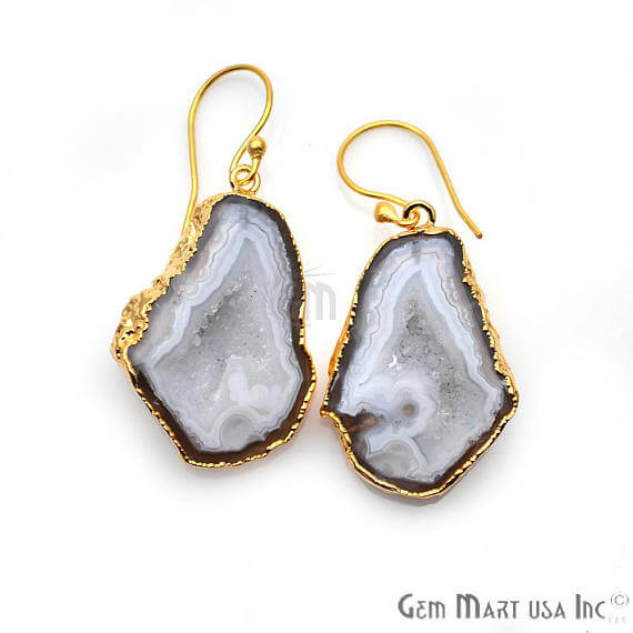 White Geode Druzy Organic Shape 22x34mm Gold Electroplated Gemstone Dangle Hook Earring - GemMartUSA