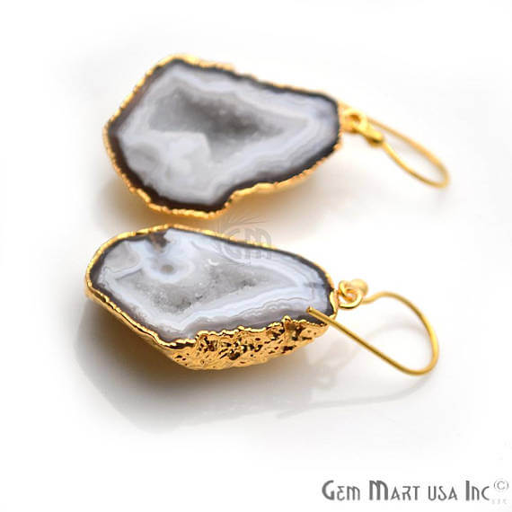 White Geode Druzy Organic Shape 22x34mm Gold Electroplated Gemstone Dangle Hook Earring - GemMartUSA