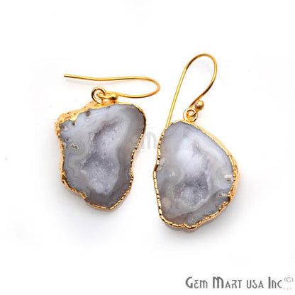 White Geode Druzy Organic Shape 30x21mm Gold Electroplated Gemstone Dangle Hook Earring - GemMartUSA