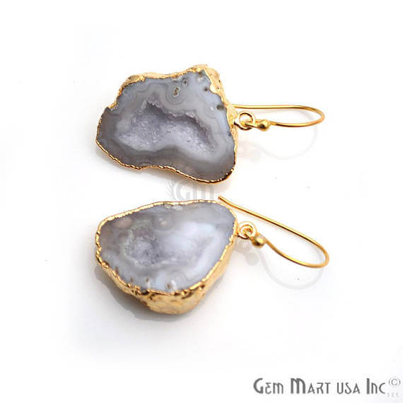 White Geode Druzy Organic Shape 30x21mm Gold Electroplated Gemstone Dangle Hook Earring - GemMartUSA