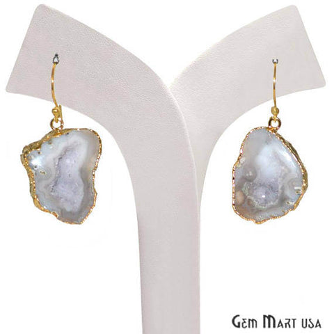 White Geode Druzy Organic Shape 30x21mm Gold Electroplated Gemstone Dangle Hook Earring - GemMartUSA