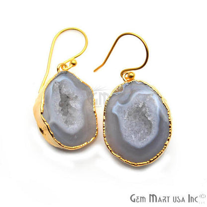 Grey Geode Druzy Organic Shape 27x19mm Gold Electroplated Gemstone Dangle Hook Earring - GemMartUSA