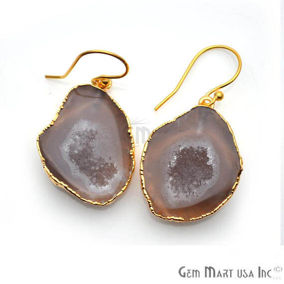 Brown Geode Druzy Organic Shape 30x22mm Gold Electroplated Gemstone Dangle Hook Earring - GemMartUSA