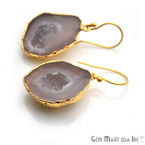 Brown Geode Druzy Organic Shape 30x22mm Gold Electroplated Gemstone Dangle Hook Earring - GemMartUSA