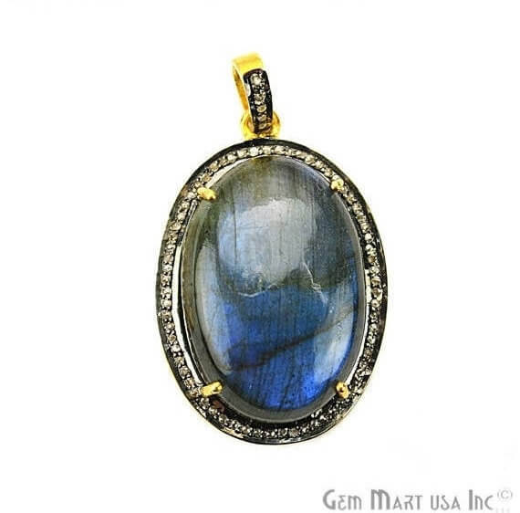 Labradorite Cabochon with Natural Pave Diamond Setting 32x22mm Gold Vermeil Gemstone Necklace Pendant (DPLB-40014) - GemMartUSA