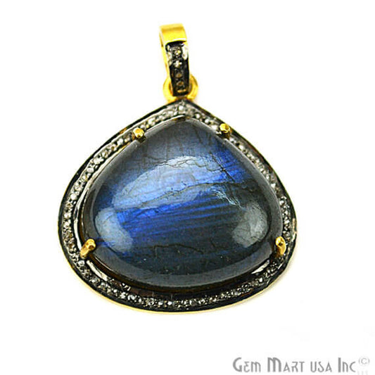 Labradorite Cabochon with Natural Pave Diamond Setting 26x25mm Gold Vermeil Gemstone Necklace Pendant - GemMartUSA