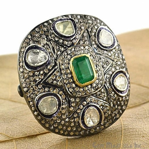 Victorian Estate Ring, 1.10 cts Natural Emerald 1.10 cts Sliced Diamond with 1.50 cts of Diamond as Accent Stone (DR-12029) - GemMartUSA (763467005999)