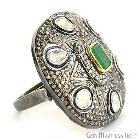 Victorian Estate Ring, 1.10 cts Natural Emerald 1.10 cts Sliced Diamond with 1.50 cts of Diamond as Accent Stone (DR-12029) - GemMartUSA (763467005999)