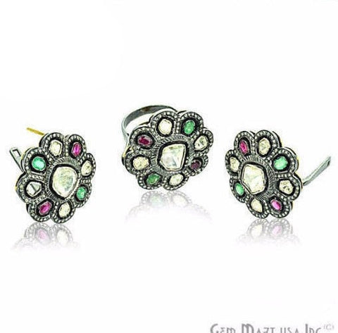 Victorian Estate Studs with Ring, 3.60 cts Natural Emerald Ruby 2.50 cts Sliced Diamond With 1.40 cts of Diamond as Accent Stone (DR-12086) - GemMartUSA (763506032687)