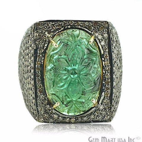Victorian Estate Ring, 12 cts Natural Emerald with 2.20 cts of Diamond as Accent Stone (DR-12101) - GemMartUSA (763510390831)