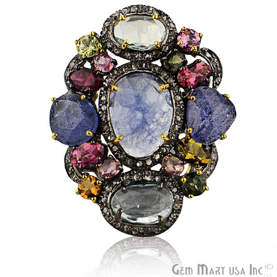Victorian Estate Ring, 12.56 cts Multi Stone with 0.50 cts of Diamond as Accent Stone (DR-12126) - GemMartUSA (763520253999)
