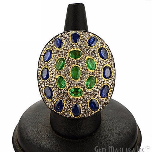 Victorian Estate Ring, 9.66 cts Emerald & Sapphire with 1.93 cts of Diamond as Accent Stone (DR-12156) - GemMartUSA (763533721647)
