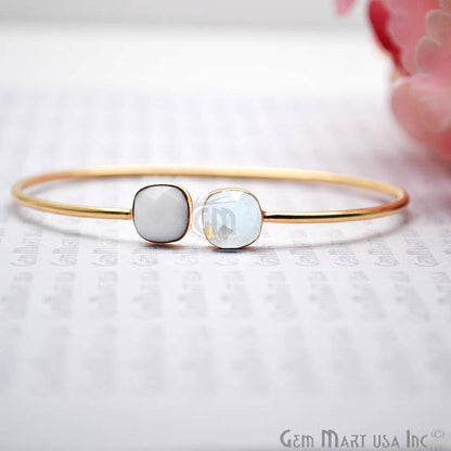 White Agate & Hydro Blue Topaz Cushion Shape Adjustable Gold Plated Bangle Bracelet - GemMartUSA