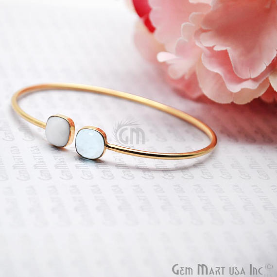 White Agate & Hydro Blue Topaz Cushion Shape Adjustable Gold Plated Bangle Bracelet - GemMartUSA