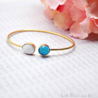 Sky Blue Chalcedony & White Agate Adjustable Interlock Gold Plated Stacking Bangle Bracelet - GemMartUSA