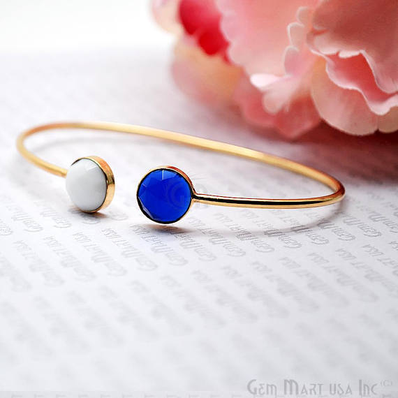 White Agate & Blue Chalcedony Round Shape Adjustable Gold Plated Bangle Bracelet - GemMartUSA