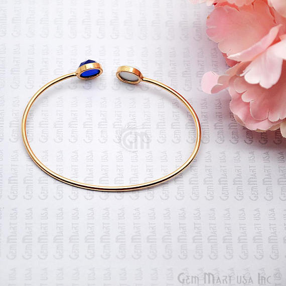 White Agate & Blue Chalcedony Round Shape Adjustable Gold Plated Bangle Bracelet - GemMartUSA