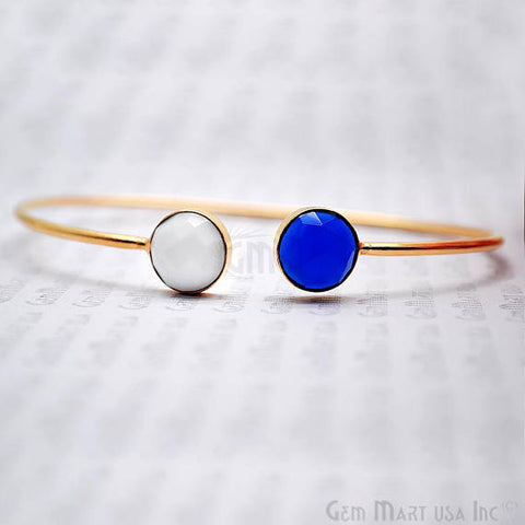White Agate & Blue Chalcedony Round Shape Adjustable Gold Plated Bangle Bracelet - GemMartUSA