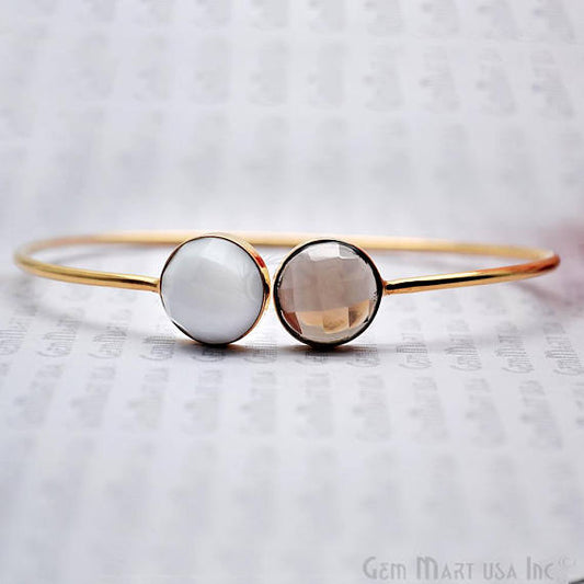 White Agate & Smoky Topaz 12mm Round Adjustable Interlock Gold Plated Bangle Bracelet - GemMartUSA