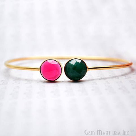 Pink Tourmaline & Emerald 10mm Round Adjustable Interlock Gold Plated Bangle Bracelet - GemMartUSA