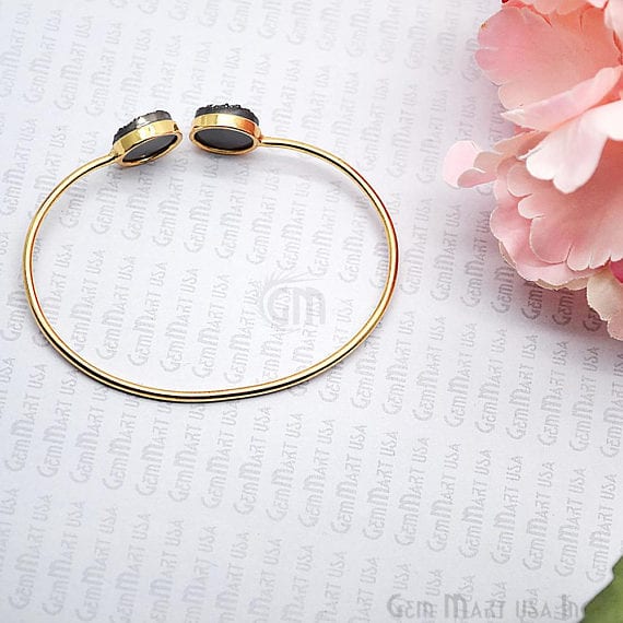 Platinum Druzy Round Shape Adjustable Gold Plated Bangle Bracelet - GemMartUSA