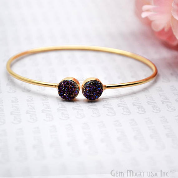 Double 8mm Round Druzy Gemstone Adjustable Gold Plated Stacking Bangle Bracelet - GemMartUSA